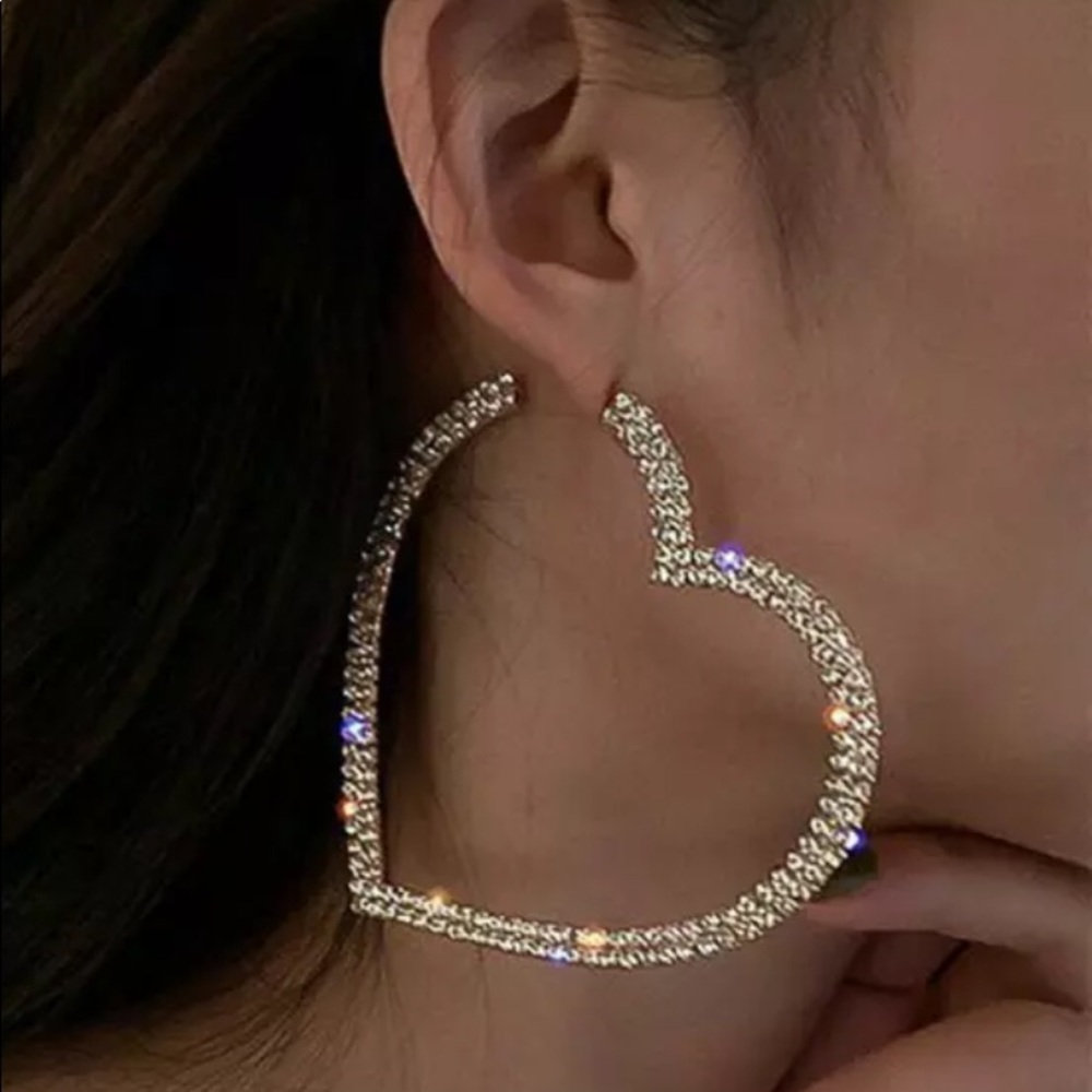 Heart hoop earrings rhinestone shiny sparkle y2k silver dangle glitter big